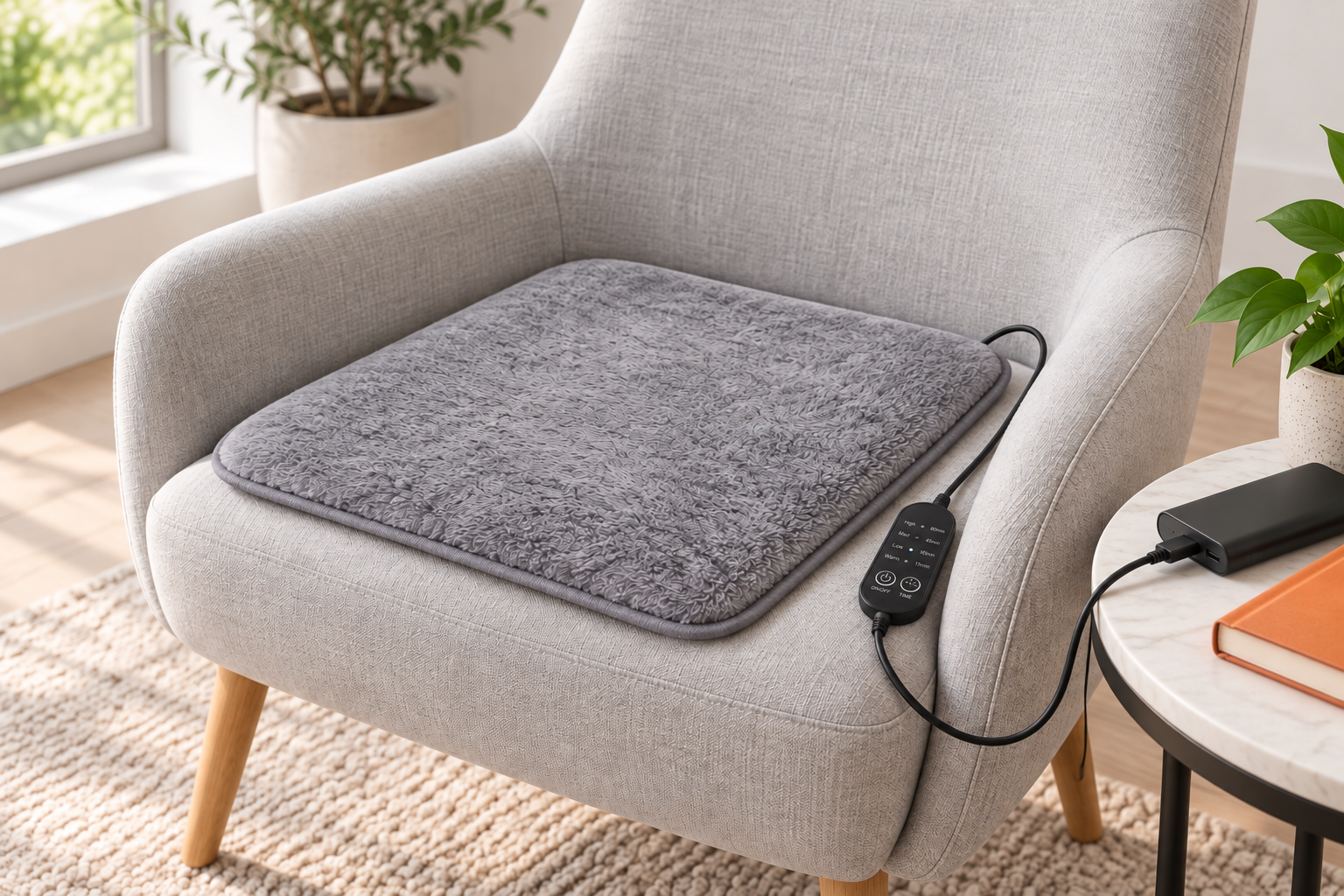 Grey fleece heated seat pad and wired controller on a lounge chair